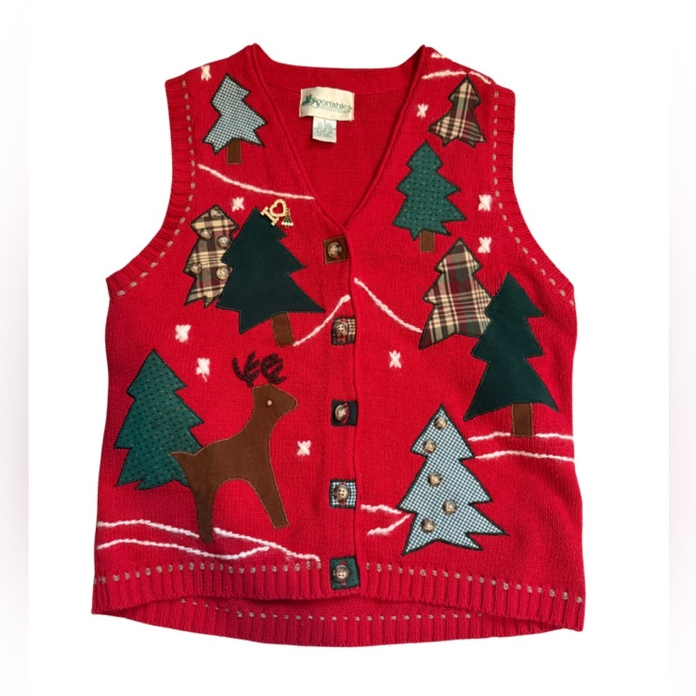 Vintage Holiday Sweater Vest Size Small Red Embroidered Appliqués Grandmacore